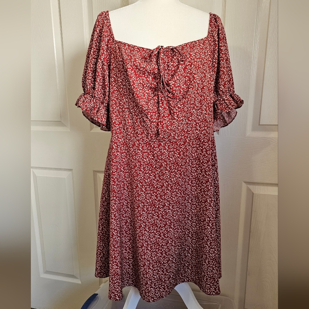 Red & White Floral Peasant Sleeve Dress 2XL